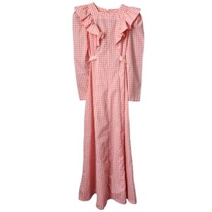 VINTAGE handmade 70's Gingham‎ Ruffle Dress in Pink White Daisy Belt
